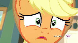 Size: 576x324 | Tagged: safe, screencap, applejack, g4, somepony to watch over me, animated, eye shimmer, female, hub logo, hubble, solo, the hub