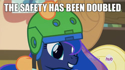 Size: 1000x563 | Tagged: safe, edit, edited screencap, screencap, princess luna, g4, season 4, somepony to watch over me, grin, helmet, image macro, meme, smiling, the fun has been doubled