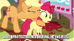 Size: 576x324 | Tagged: safe, edit, edited screencap, screencap, apple bloom, applejack, earth pony, pony, g4, somepony to watch over me, animated, deep mothering, descriptive noise, eyes closed, female, filly, help me, hug, image macro, mare, meme, overprotective, spaghetti, wide eyes, x intensifies