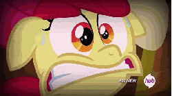 Size: 576x324 | Tagged: safe, screencap, apple bloom, earth pony, pony, g4, season 4, somepony to watch over me, animated, female, filly, foal, gif, hub logo, hubble, scared, solo, sweat, the hub
