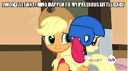 Size: 576x324 | Tagged: safe, edit, edited screencap, screencap, apple bloom, applejack, earth pony, pony, g4, somepony to watch over me, animated, butt touch, caption, female, filly, helmet, hoof on butt, hub logo, hubble, hug, image macro, mare, meme, the hub
