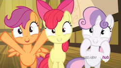 Size: 1440x810 | Tagged: safe, screencap, apple bloom, scootaloo, sweetie belle, earth pony, pegasus, pony, unicorn, g4, somepony to watch over me, cutie mark crusaders, excited, happy, hub logo, trio