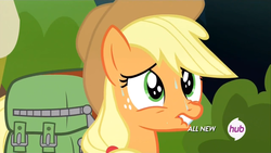 Size: 1440x810 | Tagged: safe, screencap, applejack, pony, g4, somepony to watch over me, female, hub logo, lip bite, saddle bag, solo, sweat, worried