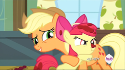 Size: 1440x812 | Tagged: safe, screencap, apple bloom, applejack, earth pony, pony, g4, my little pony: friendship is magic, somepony to watch over me, hub logo, hug, scrunchy face