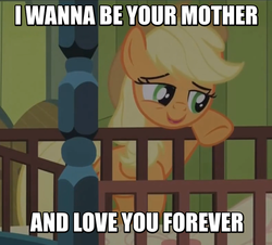 Size: 606x549 | Tagged: safe, screencap, applejack, fanfic:pattycakes, g4, somepony to watch over me, female, image macro, meme, quote, solo
