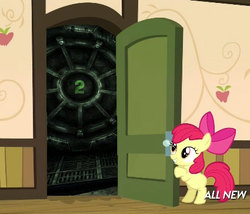 Size: 425x363 | Tagged: safe, apple bloom, fallout equestria, g4, my little pony: friendship is magic, somepony to watch over me, apple closet, door, exploitable meme, female, meme, solo, vault