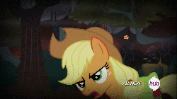 Size: 1000x562 | Tagged: safe, screencap, applejack, earth pony, pony, g4, somepony to watch over me, all new, animated, bipedal, blowing, blowing flute, female, fireproof boots, flute, frown, glare, hoof hold, hub logo, mare, music notes, musical instrument, pokeflute, puffy cheeks, pungi, saddle bag, snake charmin' flute, solo, text