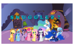 Size: 1280x875 | Tagged: safe, applejack, fluttershy, pinkie pie, princess celestia, princess luna, rainbow dash, rarity, trixie, twilight sparkle, alicorn, pony, g4, blue text, celestias room, female, hugpony poses, imma snuggle you, mare, snuggles?, snuggling, twilight sparkle (alicorn)