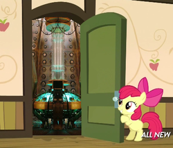 Size: 425x363 | Tagged: safe, apple bloom, g4, my little pony: friendship is magic, somepony to watch over me, 2014, apple closet, door, exploitable meme, female, meme, solo, tardis