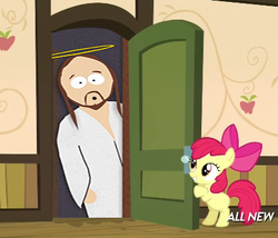 Size: 425x363 | Tagged: safe, apple bloom, g4, my little pony: friendship is magic, somepony to watch over me, apple closet, exploitable meme, jesus christ, male, meme, south park