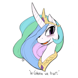 Size: 1280x1280 | Tagged: safe, artist:florecentmoo, artist:venezolanbrony, edit, princess celestia, changeling, g4, blushing, bust, caption, curved horn, fangs, female, horn, solo