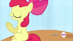 Size: 600x338 | Tagged: safe, screencap, apple bloom, scootaloo, g4, somepony to watch over me, animated, female, hoof in mouth, puffy cheeks