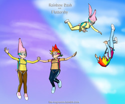 Size: 1280x1067 | Tagged: safe, artist:the regressor, fluttershy, rainbow dash, human, g4, 3d, air ponyville, falling, humanized, parachute, skydiving