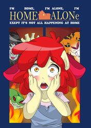 Size: 1444x2037 | Tagged: safe, artist:thegreatrouge, apple bloom, chimera sisters, chimera, anthro, g4, somepony to watch over me, ambiguous facial structure, behind you, home alone, misspelling, movie poster, multiple heads, parody, screaming, three heads