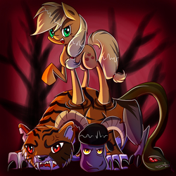 Size: 900x900 | Tagged: dead source, safe, artist:inky-pinkie, applejack, chimera sisters, chimera, earth pony, pony, g4, somepony to watch over me, female, mare, multiple heads, raised hoof, three heads