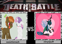 Size: 900x642 | Tagged: safe, button mash, queen chrysalis, sweetie belle, oc, oc:fluffle puff, g4, death battle, exploitable meme, female, lesbian, male, meme, ship:chrysipuff, ship:sweetiemash, shipping, straight