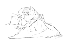 Size: 1772x1144 | Tagged: safe, artist:drake, sweetie belle, g4, bed, blanket, cute, diasweetes, female, filly, foal, monochrome, pillow, sketch, sleeping, solo