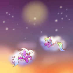 Size: 2000x2000 | Tagged: safe, artist:joycall6, cloudchaser, flitter, pegasus, pony, g4, blushing, cloud, cute, duo, eyes closed, female, high res, mare, on a cloud, prone, sky, stars