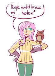 Size: 725x1000 | Tagged: safe, artist:php52, fluttershy, bird, human, owl, g4, animal, clothes, drawfag, female, gloves, hooters, humanized, innocent, no rule 34 here, painfully innocent fluttershy, pun, request, ribbed sweater, simple background, visual pun, white background