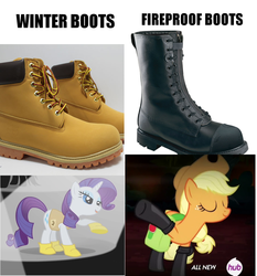 Size: 954x1024 | Tagged: safe, edit, edited screencap, screencap, applejack, rarity, earth pony, pony, unicorn, g4, somepony to watch over me, winter wrap up, analysis, boot, boots, clothes, comparison, female, fireproof boots, galoshes, irl, mare, text, timberland boots, winter boots