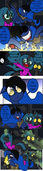 Size: 1280x5067 | Tagged: safe, artist:jokerpony, princess luna, queen chrysalis, oc, oc:golden hive, changeling, ask teen chrysalis, g4, cigarette, clothes, comic, flamethrower, goth, magic, mundane utility, smoking, sweater, telekinesis, tumblr, turtleneck, weapon