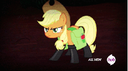 Size: 576x324 | Tagged: safe, edit, edited screencap, screencap, applejack, g4, somepony to watch over me, all new, animated, chair, chairsaber, female, fireproof boots, hoof hold, hub logo, hubble, lightsaber, lion tamer's chair, parody, saddle bag, solo, star wars, text, the hub