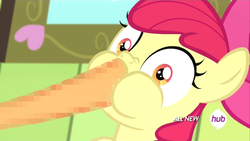 Size: 800x450 | Tagged: safe, edit, edited screencap, screencap, apple bloom, g4, somepony to watch over me, all new, censored, hoof in mouth, hub logo, mosaic censor, out of context, unnecessary censorship