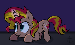 Size: 1069x641 | Tagged: dead source, safe, artist:php92, sunset shimmer, pony, unicorn, g4, cute, female, magic, shimmerbetes, sneaking, solo, wrong magic color