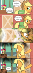 Size: 1700x3800 | Tagged: safe, artist:pandramodo, apple bloom, applejack, earth pony, pony, g4, somepony to watch over me, comic, explosion, male, scene parody, simpsons did it, the simpsons