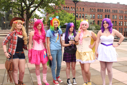 Size: 5184x3456 | Tagged: safe, applejack, fluttershy, pinkie pie, rainbow dash, rarity, twilight sparkle, human, g4, cosplay, irl, irl human, mane six, photo