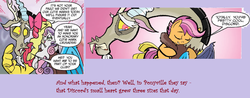 Size: 1149x450 | Tagged: safe, artist:tonyfleecs, idw, apple bloom, discord, scootaloo, sweetie belle, draconequus, earth pony, pegasus, pony, unicorn, friends forever, g4, spoiler:comic, spoiler:comicff2, bonding, comic, crying, cute, cutie mark crusaders, daaaaaaaaaaaw, discordlove, female, filly, foal, heartwarming, how the grinch stole christmas, hug, male, speech bubble, tears of joy, the grinch, wholesome