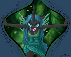 Size: 2500x2000 | Tagged: safe, artist:xanthor, queen chrysalis, changeling, changeling queen, anthro, g4, armpits, cleavage, clothes, cocoon, dress, drool, female, fourth wall, high res, innuendo, kitchen eyes, tongue out