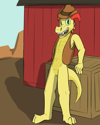 Size: 1280x1600 | Tagged: safe, artist:fuzebox, braeburn, dragon, g4, belly button, box, clothes, cowboy hat, crate, dragonified, hat, horn, male, solo, species swap, teenaged dragon, vest