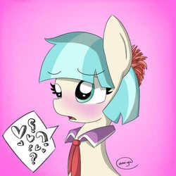 Size: 500x500 | Tagged: safe, artist:jollyalt, coco pommel, g4, blushing, bust, cocobetes, cute, female, frown, heart, open mouth, pictogram, question mark, solo, speech bubble