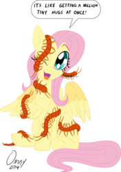 Size: 800x1138 | Tagged: safe, artist:omny87, idw, fluttershy, centipede, pegasus, pony, g4, adoracreepy, creepy, cute, dialogue, female, happy, hilarious in hindsight, mare, meme, nature is so fascinating, nightmare fuel, one eye closed, shyabetes, solo