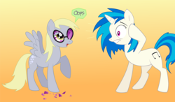 Size: 1716x1000 | Tagged: safe, artist:idontknow350, derpy hooves, dj pon-3, vinyl scratch, pegasus, pony, g4, female, mare