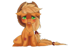 Size: 1024x683 | Tagged: safe, artist:onion-eyed-goat, applejack, g4, applejack's hat, bruised, cowboy hat, crying, female, hat, injured, looking at you, sad, simple background, sitting, solo, tears of pain, transparent background