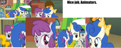 Size: 3936x1560 | Tagged: safe, edit, edited screencap, screencap, blueberry curls, cheese sandwich, lucky clover, perfect pace, rarity, silver berry, earth pony, pony, g4, pinkie pride, rarity takes manehattan, background pony, colt cheese sandwich, comparison, female, filly, filly blueberry curls, filly silver berry, hub logo, literal, male, mare, new episode, not sarcasm, stallion