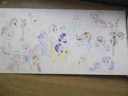 Size: 960x720 | Tagged: safe, artist:mochifairy, apple bloom, applejack, bon bon, derpy hooves, doctor whooves, fluttershy, lyra heartstrings, pinkie pie, rainbow dash, rarity, scootaloo, sweetie belle, sweetie drops, time turner, trixie, twilight sparkle, zecora, pegasus, pony, zebra, g4, cutie mark crusaders, female, mane six, mare, photo, simple background, traditional art, white background