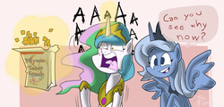 Size: 1132x542 | Tagged: safe, artist:trace-101, princess celestia, princess luna, g4, cereal, cinnamon toast crunch, magic, s1 luna, screaming