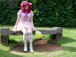 Size: 2592x1944 | Tagged: safe, artist:mochifairy, pinkie pie, human, g4, balloon, bench, cosplay, irl, irl human, photo, sitting, smiling, solo