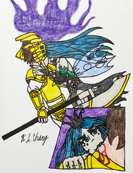Size: 550x718 | Tagged: safe, artist:stealthninja5, queen chrysalis, human, g4, bionicle, crossover, humanized, lego, takanuva, traditional art, vampirism