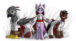 Size: 6500x3500 | Tagged: safe, artist:erockertorres, twilight sparkle, oc, griffon, g4, absurd resolution, assassin's creed, banner, scar