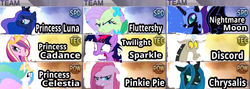 Size: 810x287 | Tagged: safe, discord, fluttershy, nightmare moon, pinkie pie, princess cadance, princess celestia, princess luna, queen chrysalis, twilight sparkle, g4, dynasty warriors, pinkamena diane pie, power, speed, team, technique, twilight snapple, warriors orochi