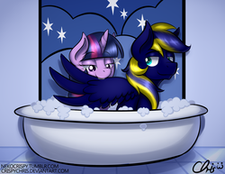 Size: 3300x2550 | Tagged: safe, artist:nekocrispy, twilight sparkle, oc, oc:zephyr, alicorn, pegasus, pony, g4, bath, bathtub, bedroom eyes, bubble, canon x oc, duo, female, high res, looking back, male, mare, nibbling, preening, shipping, smiling, spread wings, straight, twilight sparkle (alicorn), twiphyr