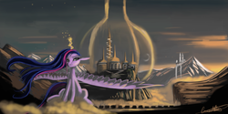 Size: 5760x2880 | Tagged: safe, artist:auroriia, twilight sparkle, alicorn, pony, g4, absurd resolution, barrier, female, force field, magic, mare, older, palace, scenery, sitting, smiling, solo, spread wings, twilight sparkle (alicorn), windswept mane