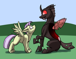 Size: 1000x773 | Tagged: safe, artist:foxenawolf, oc, oc only, oc:dandelion dreams, oc:kershak, changeling, pegasus, pony, fanfic:growing up dandy, changeling oc, eye contact, fanfic art, floppy ears, foal, outdoors, raised hoof, red changeling, sitting, size difference, smiling, spread wings, unshorn fetlocks, wide eyes