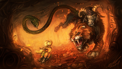 Size: 1920x1080 | Tagged: safe, artist:assasinmonkey, applejack, chimera sisters, chimera, earth pony, pony, g4, somepony to watch over me, badass, butt, color porn, dock, epic, female, fight, fire, fire swamp, fireproof boots, hat, mare, multiple heads, plot, realistic, scene interpretation, technically advanced, that was fast, three heads, wallpaper