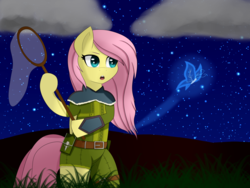 Size: 1600x1200 | Tagged: safe, artist:earth-sea-sky, fluttershy, butterfly, g4, clothes, female, monster hunter, night, solo