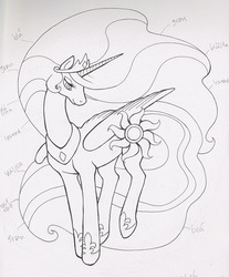 Size: 2428x2931 | Tagged: safe, artist:sovemis, princess celestia, g4, black and white, female, grayscale, high res, lineart, monochrome, solo, traditional art